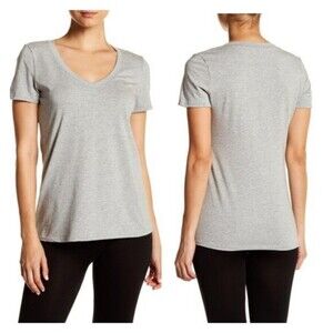 Theo & Spence Womens Short Sleeve V Neck T-Shirt Knit Solid Gray Tee Top S